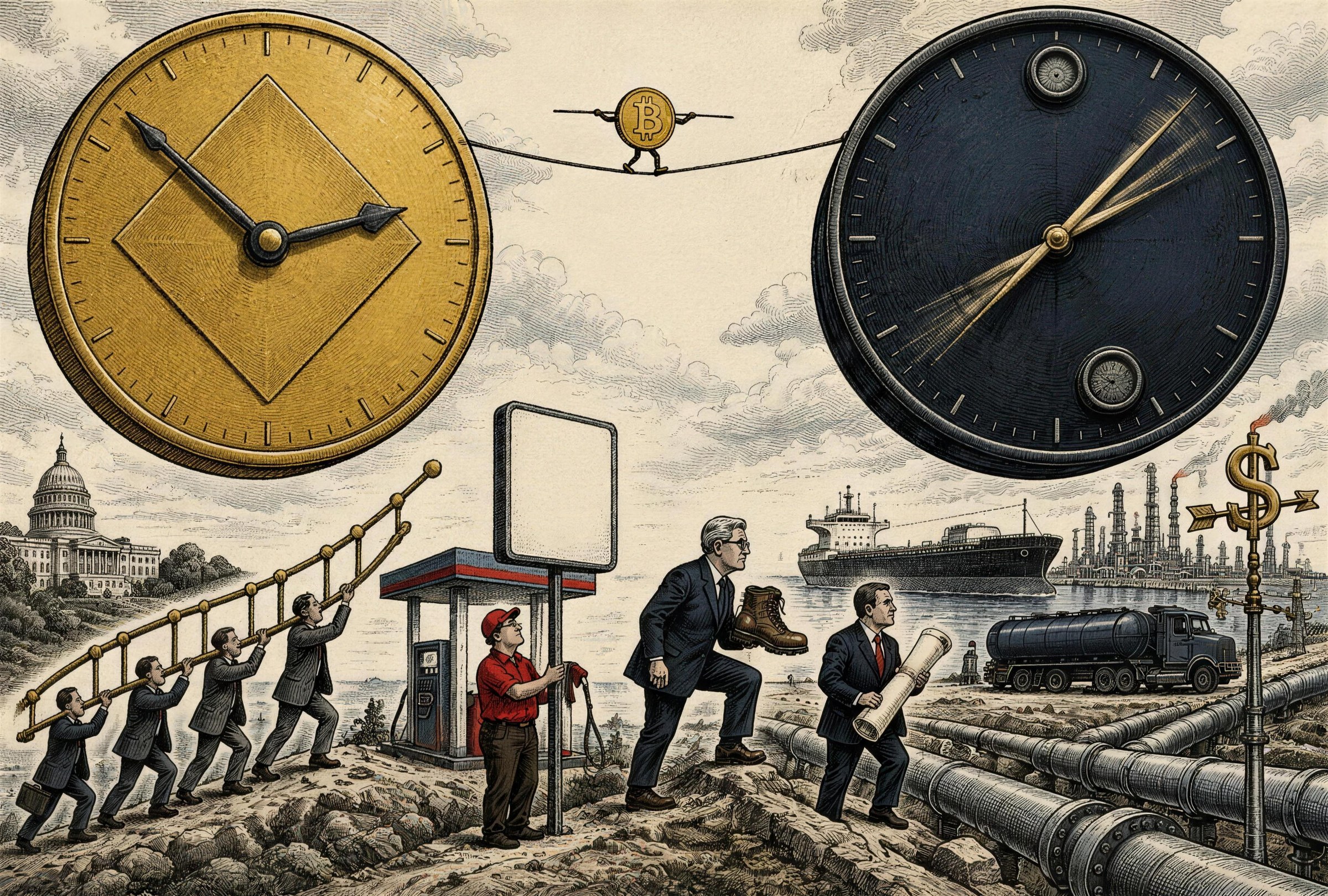 Two clocks: a structural clock over Congress and a market clock over oil, yields and the dollar, with Bitcoin between them
