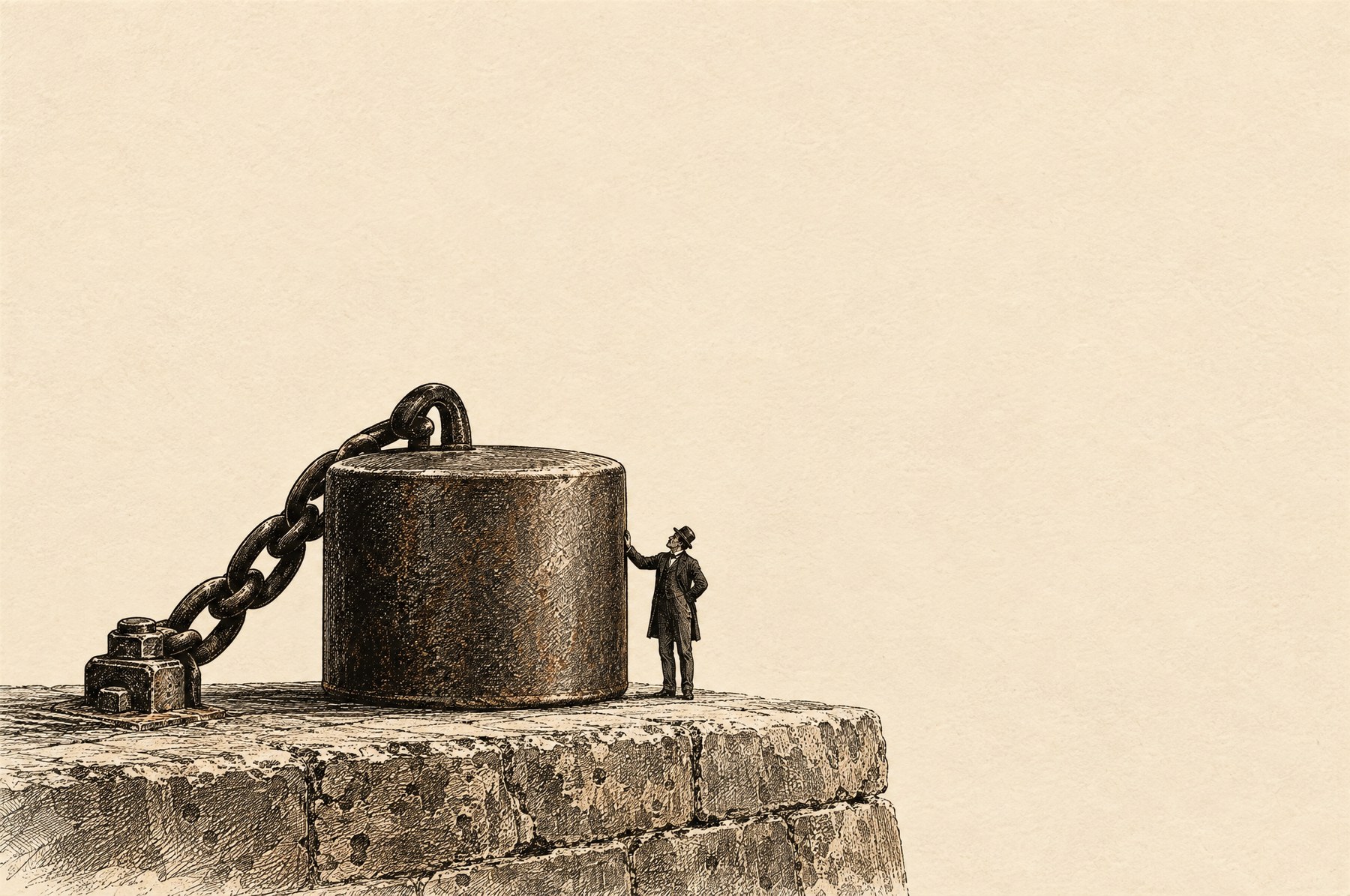 An engraving: an enormous iron weight chained to a stone counter, with one small figure beside it