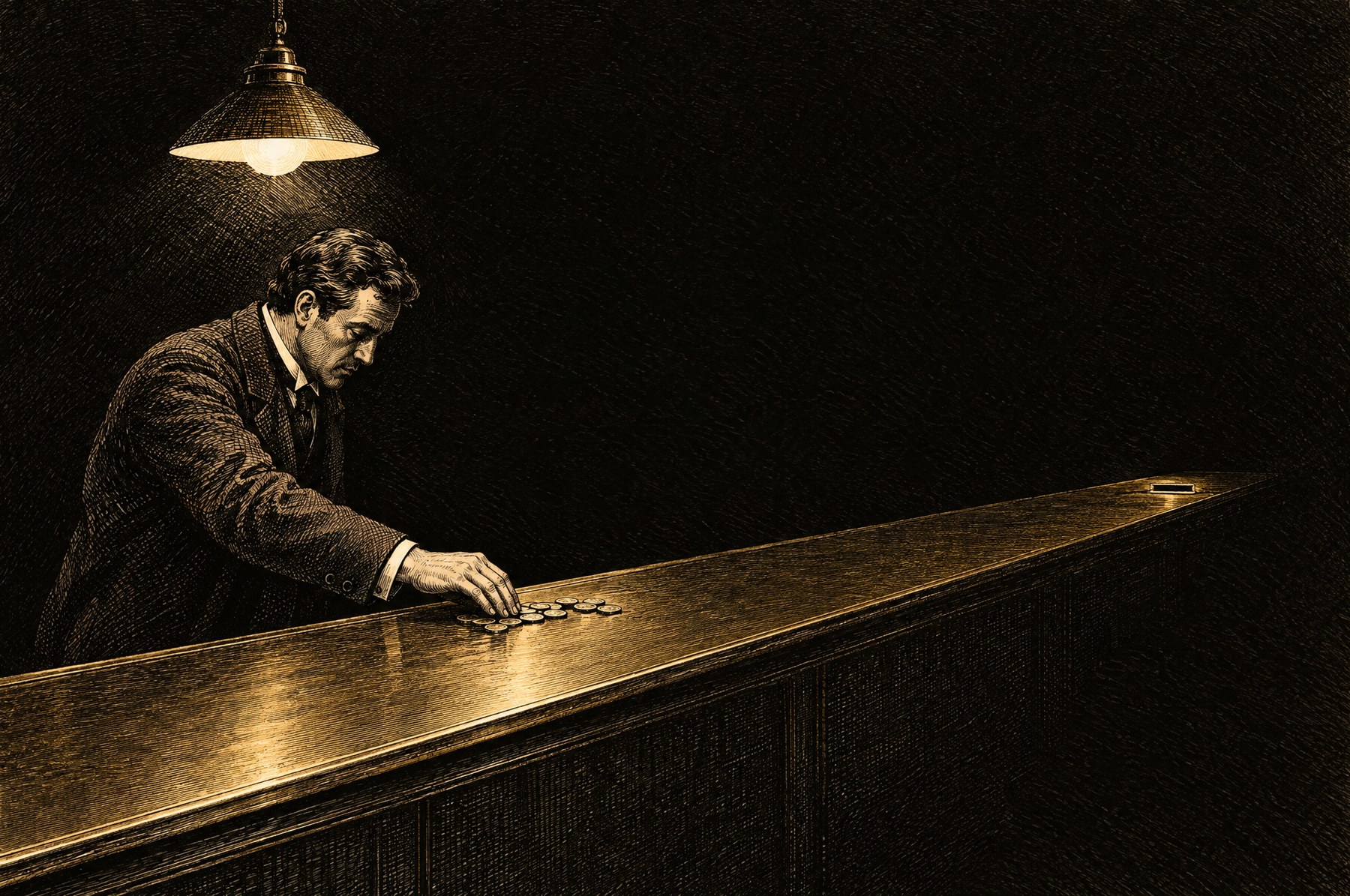 An engraving: a lamplit night counter, one hand sweeping a small day's worth of coins along it