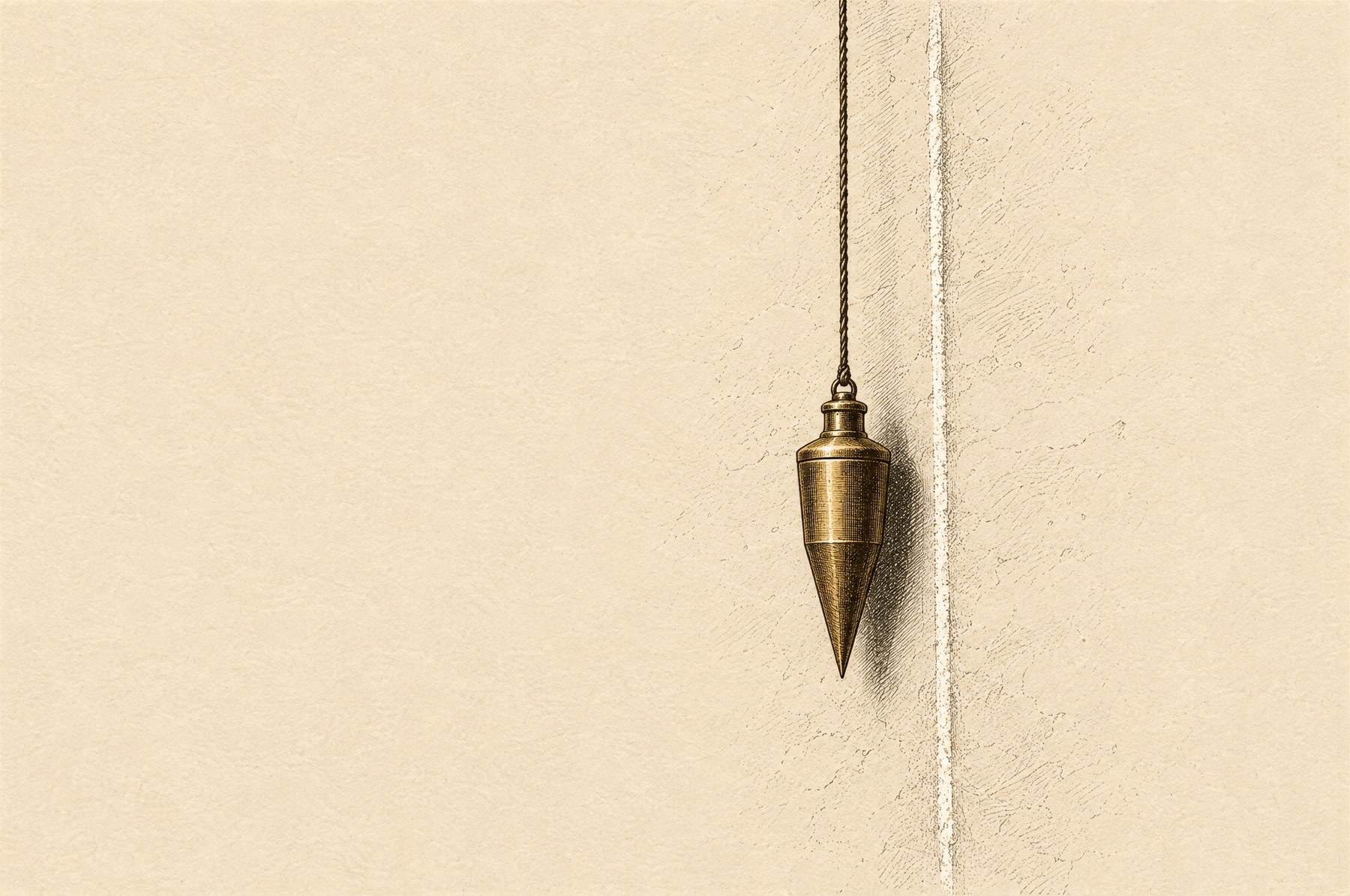 An engraving: a brass plumb bob hanging beside a chalked vertical line, with a small visible gap between them